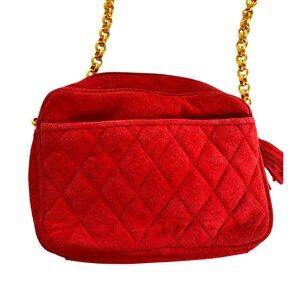 Vintage Quilted Red Suede Leather Chain Small Shoulder Bag With Gold-Tone Strap